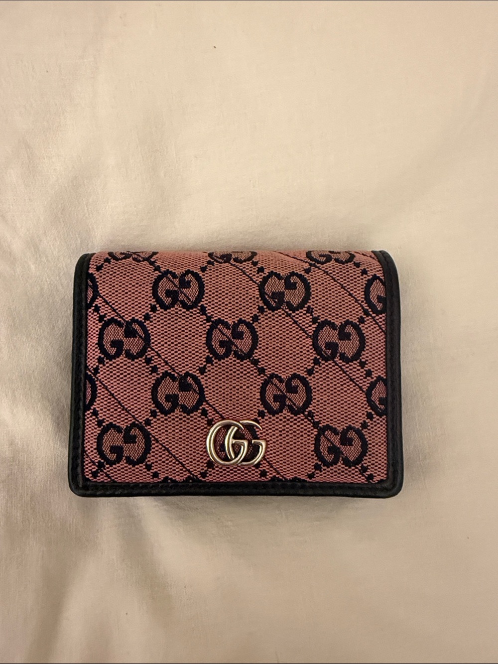 Gucci pink and black GG canvas compact wallet with gold hardware